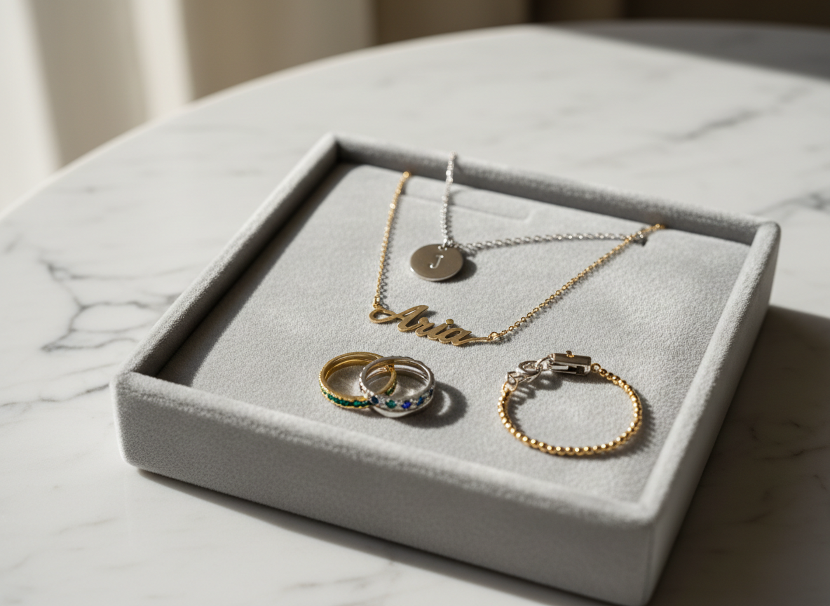 A close-up photographic image of an elegant arrangement of custom silver and gold jewelry displayed on a soft dove-grey velvet tray. A delicate gold name necklace, a polished silver initial pendant, thin stacking rings with tiny gemstones, and a miniature baby bracelet with a safety clasp are carefully arranged in a gentle curve. The tray rests on a marble tabletop with subtle veining. Soft, diffused natural light from the left creates refined highlights on the metal surfaces and gentle shadows along the velvet texture. Shot at eye level with a shallow depth of field, the background fades into a creamy blur, creating a sophisticated, modern atmosphere perfect for a luxury jewelry brand homepage.