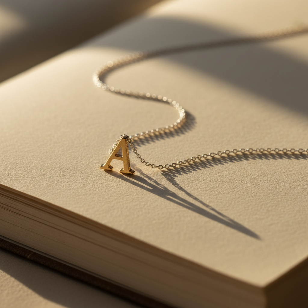 A detailed close-up of a custom initial pendant necklace resting on the open pages of a cream-colored linen-bound journal. The pendant, crafted in polished 18k gold with a graceful serif letter, lays over a fine silver chain that curves naturally across the page. The paper texture is subtly visible, adding tactile richness. Warm, late-afternoon natural light streams from the right, creating delicate reflections on the gold surface and casting soft, elongated shadows from the chain links. The background gently blurs into a neutral, uncluttered setting. Photographic realism and a rule-of-thirds composition create a serene, thoughtful atmosphere, ideal for showcasing personalized jewelry as a meaningful, intimate gift.