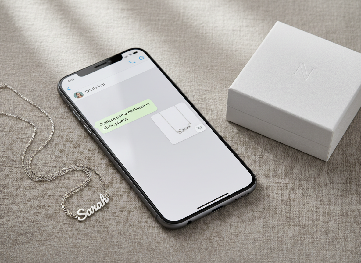 A lifestyle-inspired product image of a sleek smartphone placed on a soft taupe linen surface, displaying a clean messaging app screen with a clear, modern chat layout reading “Custom name necklace in silver, please” alongside a crisp product thumbnail. Next to the phone lies a real silver name necklace elegantly coiled, its polished surface catching the light. A minimalist white jewelry box with a subtle embossed logo rests nearby. Gentle, diffused natural light from above creates mild reflections on the phone screen without glare and delicate highlights on the necklace. Shot from a slightly elevated angle in photographic realism, the scene feels contemporary, professional, and subtly promotes easy ordering via WhatsApp.