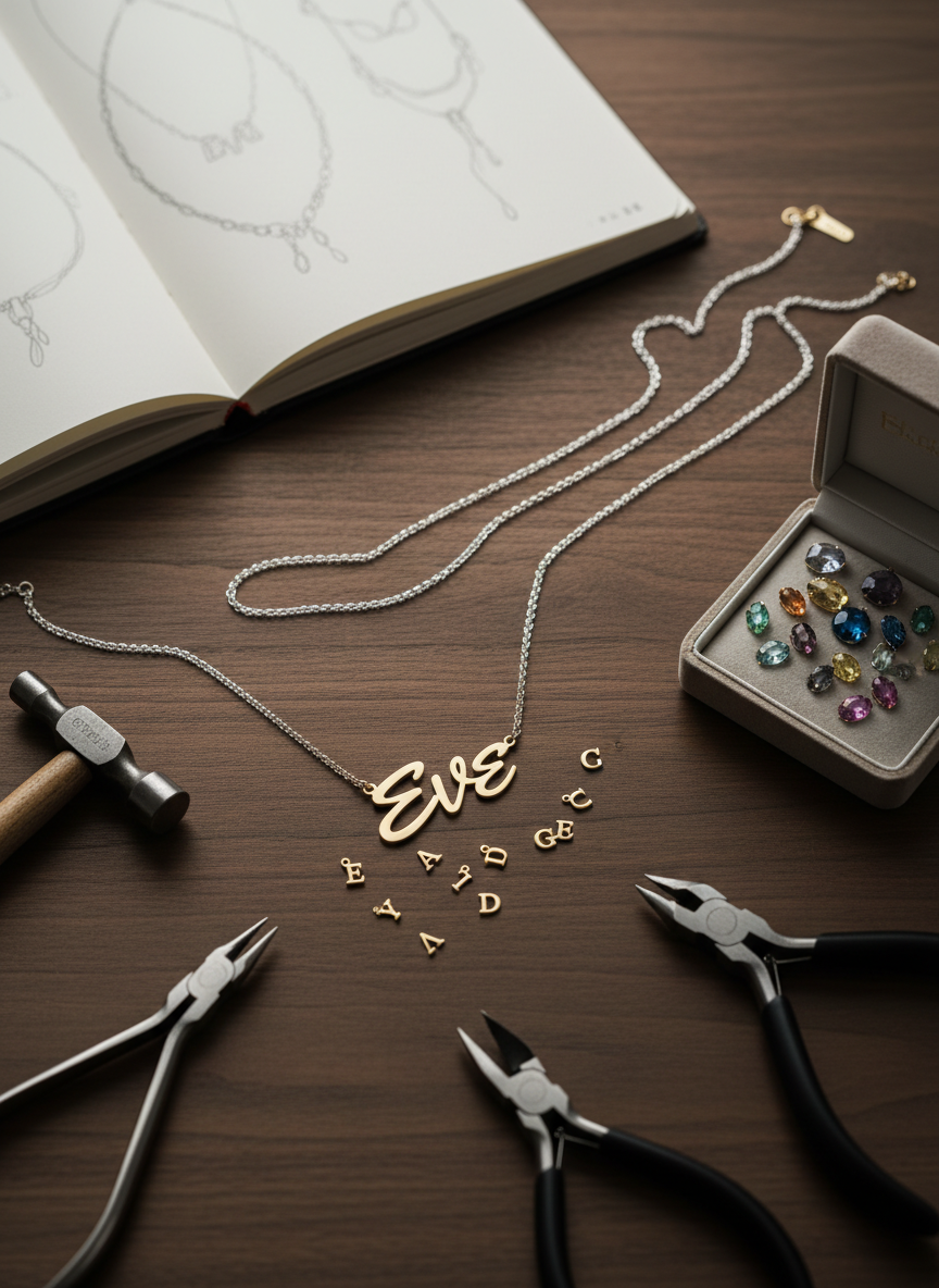 A refined flat-lay composition of personalized jewelry-making in progress, featuring a dark walnut work surface with neatly arranged tools and pieces. Center frame, a partially assembled gold nameplate necklace rests beside tiny letter charms, slim silver chains, and a small open box of birthstone crystals. A minimalist notebook with sketched necklace designs sits in the upper corner, slightly out of focus. Soft studio lighting from above produces clean, controlled reflections on the metal and gentle, precise shadows from the tools, evoking the care of craftsmanship. The photographic realism and balanced composition convey a sense of bespoke, within-budget luxury and meticulous attention to detail.