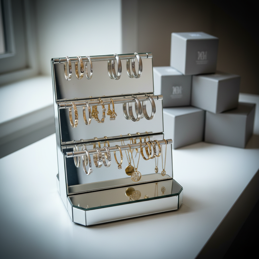 A sophisticated photographic scene of a mirrored jewelry stand on a clean white console table, displaying a curated selection of age-versatile pieces. On the stand hang tiny engraved baby bangles, a pair of classic silver hoops, slender gold stacking rings, and an understated monogram pendant. In the background, slightly blurred, elegant grey jewelry boxes with subtle logo embossing are stacked neatly. Natural daylight from a nearby window washes the scene with a soft, cool glow, creating crisp highlights on the mirror edges and a calm, luxurious mood. Captured from a slightly elevated angle with a gentle vignette, the image emphasizes refinement and timeless style for all ages.