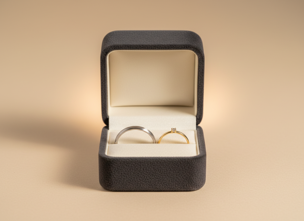 A high-end product shot of a small, open velvet ring box in deep charcoal, centered on a smooth, pale beige backdrop. Inside, two contrasting rings rest side by side: a slim, brushed silver band and a delicate gold ring with a single tiny diamond accent, symbolizing choice within budget. The box’s velvet texture is vividly detailed, with fibers softly catching the light. Directional studio lighting from above and slightly behind produces a subtle halo effect around the rings, with controlled shadows that feel polished and luxurious. Captured from a low, slightly front-facing angle with a shallow depth of field, the photographic style is clean, modern, and sophisticated, perfect for a featured product banner.