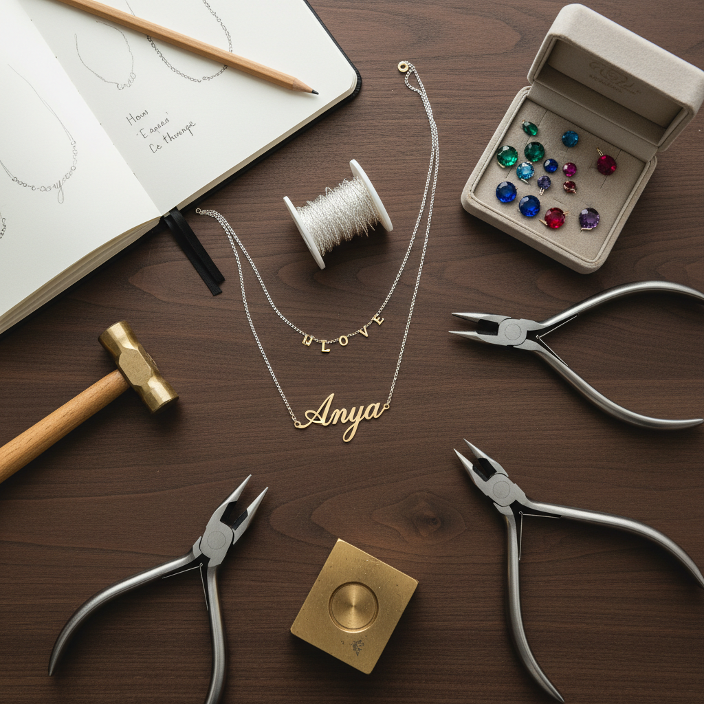 A refined flat-lay composition of personalized jewelry-making in progress, featuring a dark walnut work surface with neatly arranged tools and pieces. Center frame, a partially assembled gold nameplate necklace rests beside tiny letter charms, slim silver chains, and a small open box of birthstone crystals. A minimalist notebook with sketched necklace designs sits in the upper corner, slightly out of focus. Soft studio lighting from above produces clean, controlled reflections on the metal and gentle, precise shadows from the tools, evoking the care of craftsmanship. The photographic realism and balanced composition convey a sense of bespoke, within-budget luxury and meticulous attention to detail.