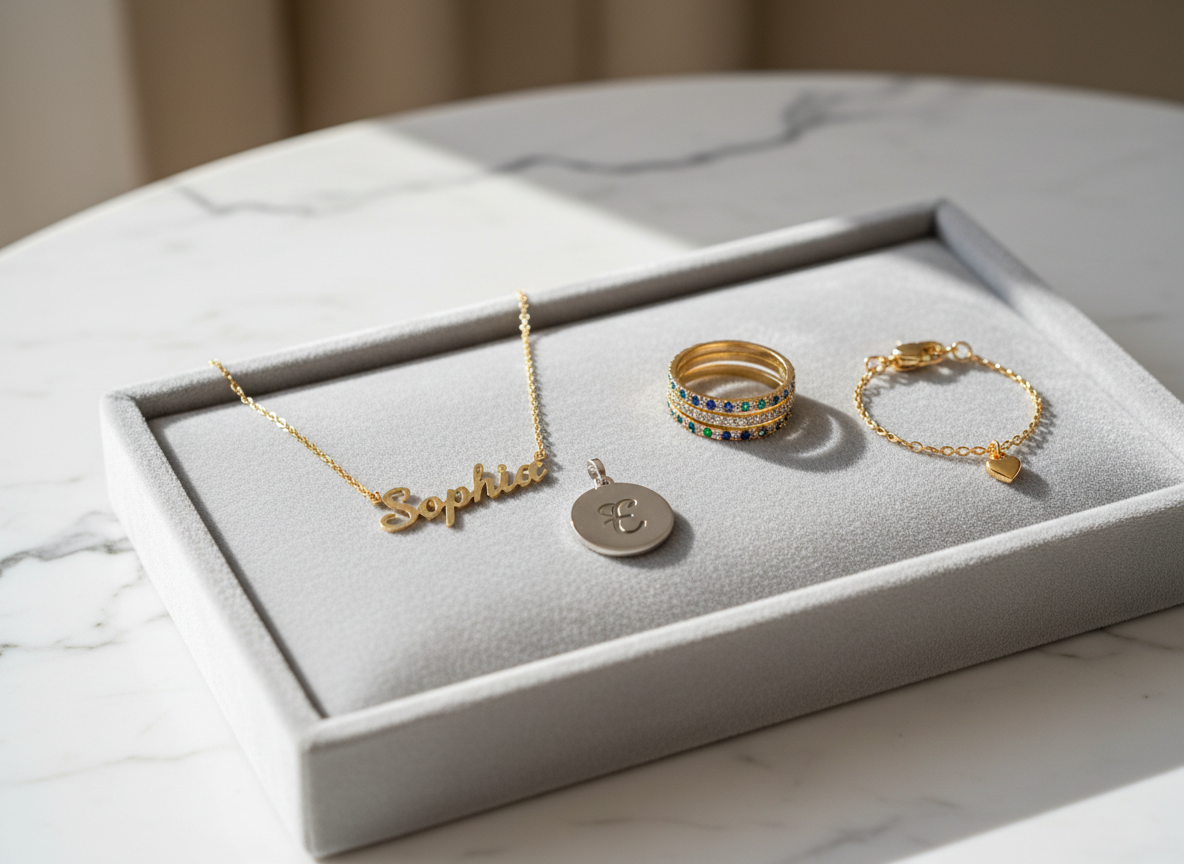A close-up photographic image of an elegant arrangement of custom silver and gold jewelry displayed on a soft dove-grey velvet tray. A delicate gold name necklace, a polished silver initial pendant, thin stacking rings with tiny gemstones, and a miniature baby bracelet with a safety clasp are carefully arranged in a gentle curve. The tray rests on a marble tabletop with subtle veining. Soft, diffused natural light from the left creates refined highlights on the metal surfaces and gentle shadows along the velvet texture. Shot at eye level with a shallow depth of field, the background fades into a creamy blur, creating a sophisticated, modern atmosphere perfect for a luxury jewelry brand homepage.