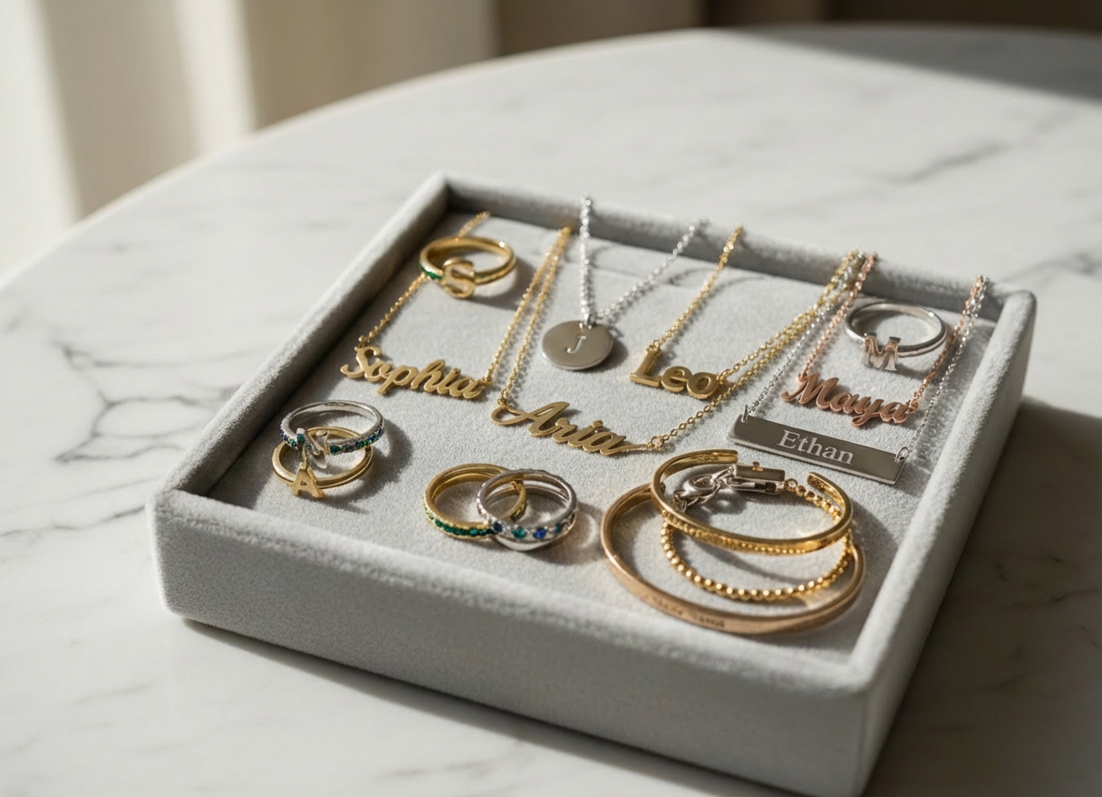 Personalized gold and silver name necklaces and initial rings displayed in a gray velvet tray.